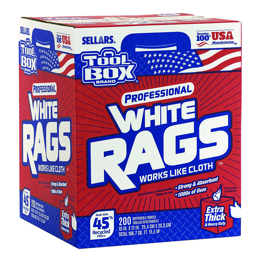 Sellars Absorbent Materials Absorbent Materials Absorbent Materials TOOLBOX White Rags, 1-Ply, 9.8 x 12, White, 200 Sheets/Box, 6 Boxes/Carton (SLR58202)