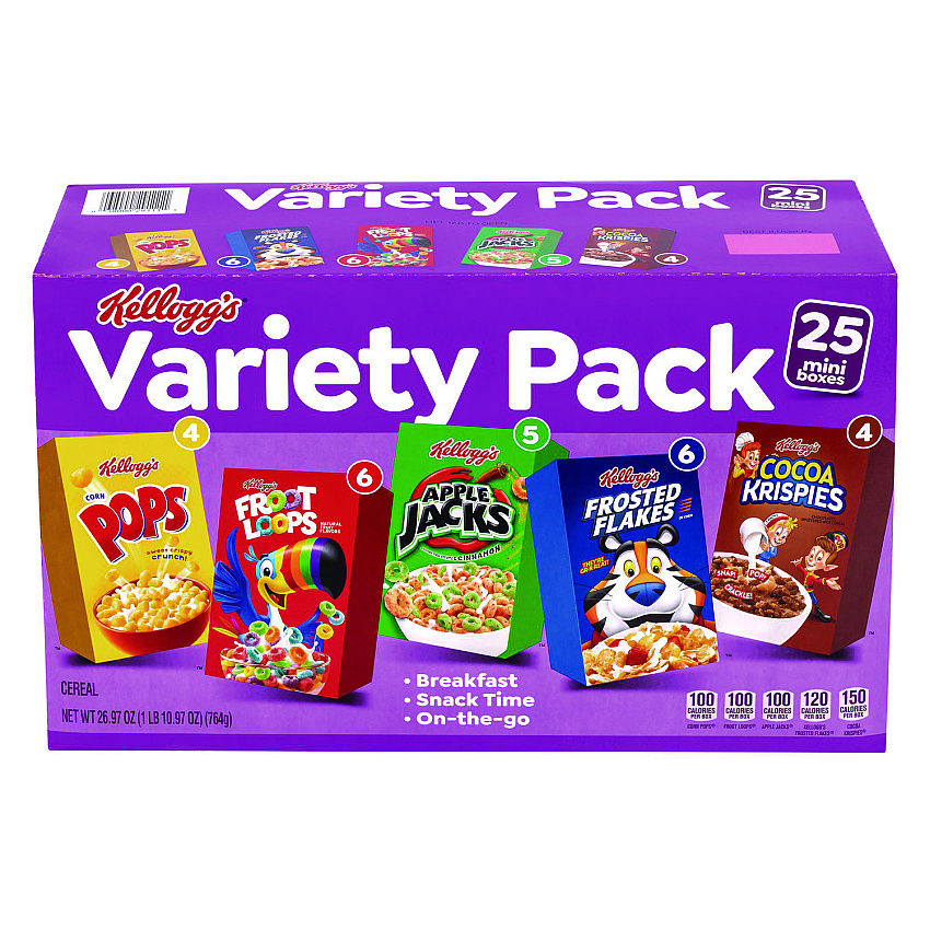 Kellogg's Cereal Assortment Pack, Assorted Flavors, Single Serve Box, 25/Carton (GRR22002287)