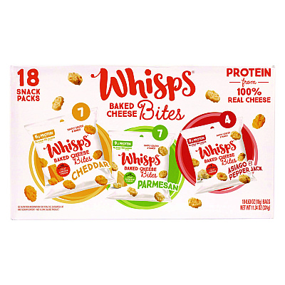 Whisps Baked Cheese Bites Variety Snack Packs, Assorted Flavors, 0.63 oz Packet, 18/Carton (GRR22002347)