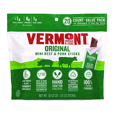 Vermont Smoke and Cure Original Flavor Mini Snack Sticks, Beef, 0.5 oz Individually Wrapped, 20/Carton (GRR22002353)