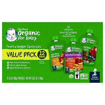Gerber Organic 2nd Foods Baby Food Pouches, Assorted Flavors, 3.5 oz Pouch, 12/Carton (GRR22002367)