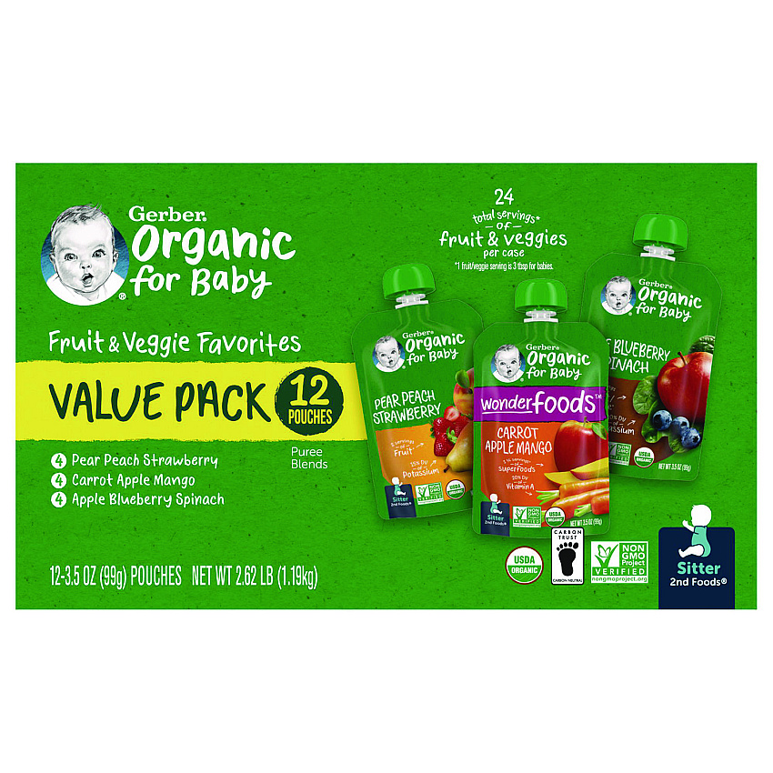 Gerber Organic 2nd Foods Baby Food Pouches, Assorted Flavors, 3.5 oz Pouch, 12/Carton (GRR22002367)