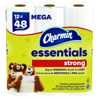 Charmin Essentials Strong Bathroom Tissue, Septic Safe, 1-Ply, White, 429/Roll, 12 Rolls/Pack (PGC03156)
