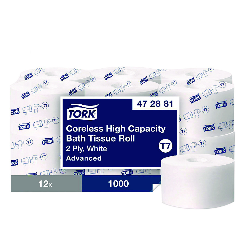 Tork Advanced Coreless High Capacity Bath Tissue, 2-Ply, White, 1,000 Sheets/Roll, 12 Rolls/Carton (472881)
