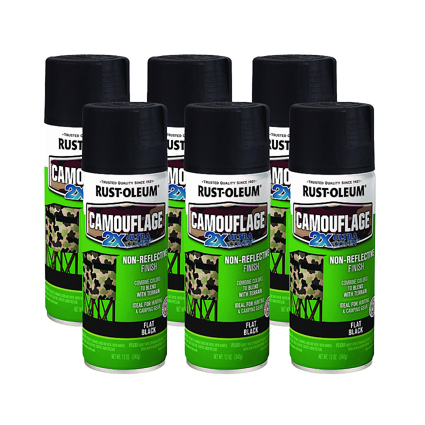Rust-Oleum Camouflage Spray Paint, Flat Black, 12 oz Aerosol Can, 6/Carton (RST279179CT)