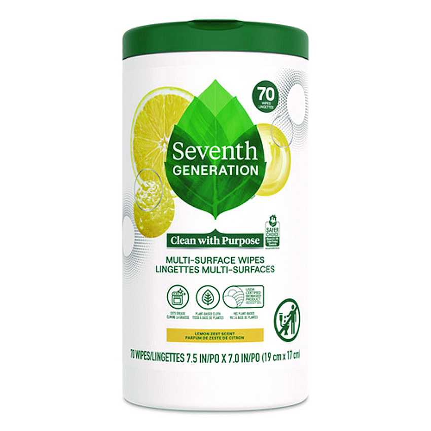 Seventh Generation Multi-Surface Wipes, 7 x 7, Lemon Zest, White, 70 Wipes/Canister, 6/Carton (SEV69657417)