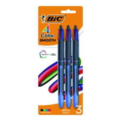 BIC 4-Color Multifunction Ballpoint Pen, Retractable, Medium 1 mm, Black/Blue/Green/Red Ink, Black/Blue Barrel, 3/Pack (BICMMSP3AAST)