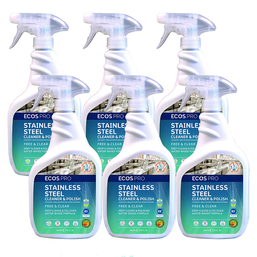 ECOS PRO Stainless Steel Cleaner and Polish, Free and Clear Scent, 32 oz Spray Bottle, 6/Carton (EOPPL93306CT)