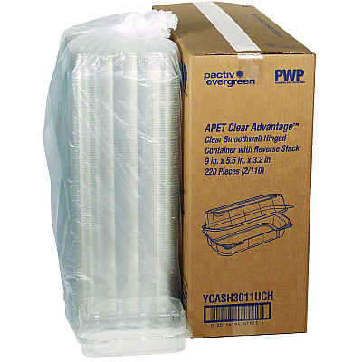 Pactiv Evergreen Hoagie Hinged Lid Container, 9 x 5.5 x 3.2, Clear, Plastic, 220/Carton (YCASH3011UCH)