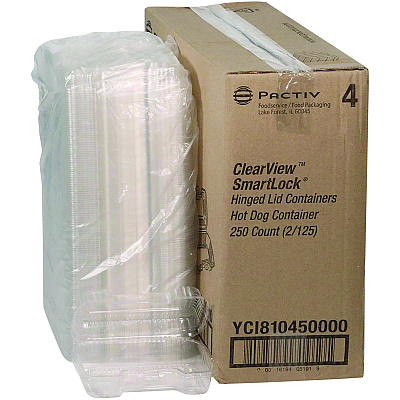Pactiv Evergreen Hinged Lid Hot Dog Container, 6.5 x 2.25 x 2.75, Clear, Plastic, 250/Carton (YCI810450000)