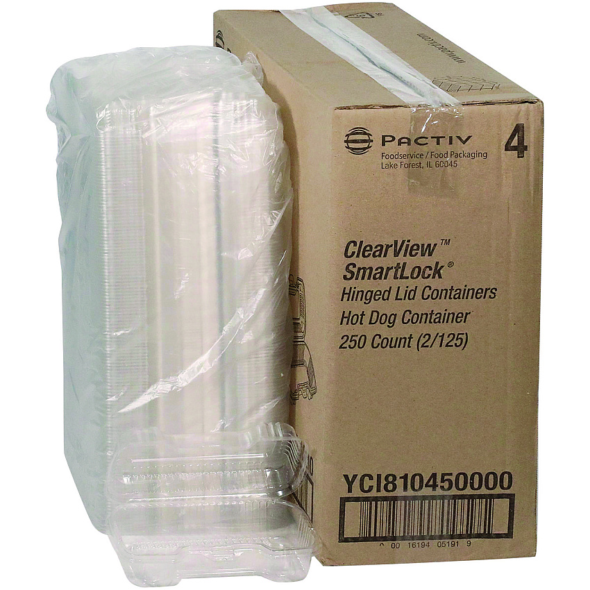 Pactiv Evergreen Hinged Lid Hot Dog Container, 6.5 x 2.25 x 2.75, Clear, Plastic, 250/Carton (YCI810450000)