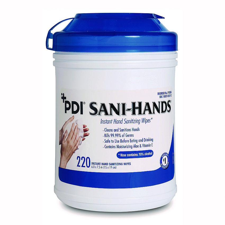 Sani Professional PDI Sani-Hands Instant Hand Sanitizing Wipes, 7.5 x 6, Unscented, White, 220/Canister, 6 Canisters/Carton (PDINPKP15984)