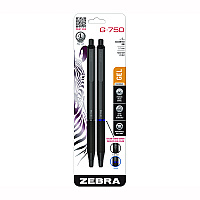 Zebra G-750 Gel Pen, Retractable, Medium 0.7 mm, Black; Blue Ink, Black Barrel, 2/Pack (ZEB49802)