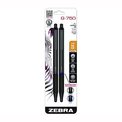 Zebra G-750 Gel Pen, Retractable, Medium 0.7 mm, Black; Blue Ink, Black Barrel, 2/Pack (ZEB49802)