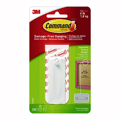 Command Sawtooth Picture Hanger, One Hanger, Two Strips, White, Supports 4 lbs (MMM70005151330)