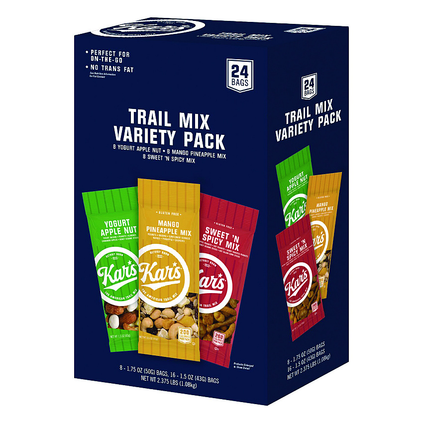 Kar's Trail Mix Variety Pack, Mango Pineapple/Sweet 'N Spicy/Yogurt Apple Nut, 24 Packets/Box (AVTSN08361)