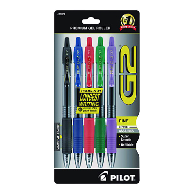 Pilot G2 Premium Gel Pen, Retractable, Fine 0.7 mm, Assorted Ink and Barrel Colors, 5/Pack (PIL31079)
