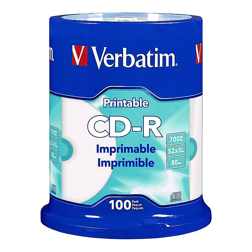 Verbatim CD-R Printable Recordable Disc, 700 MB/80 min, 52x, Spindle, White, 100/Pack (VER98493)