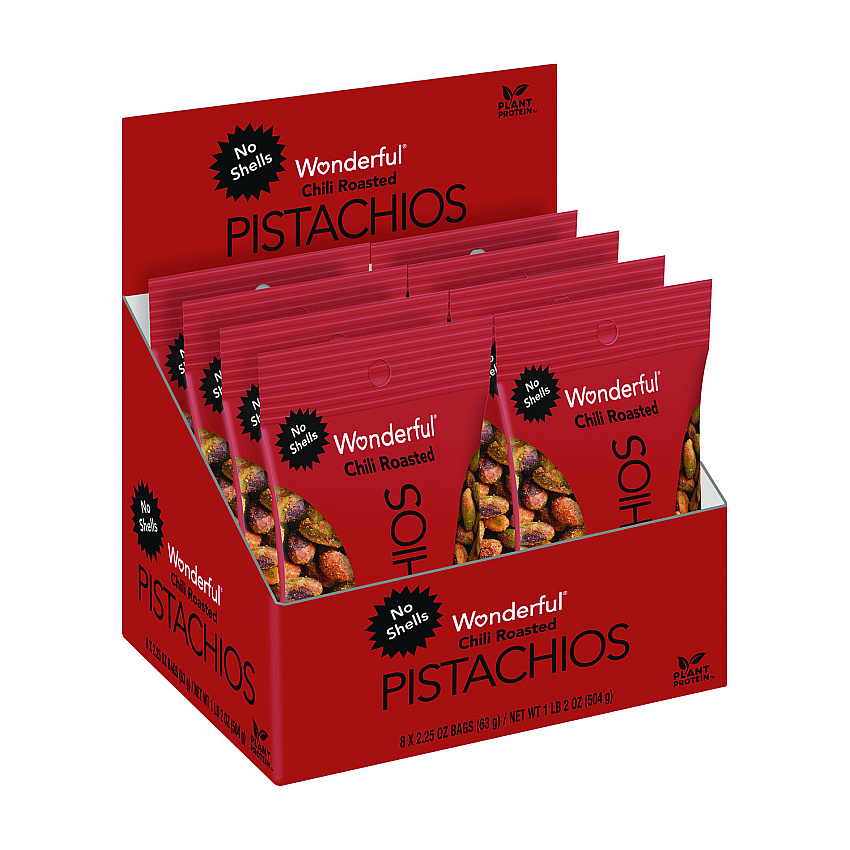 Wonderful No Shells, Chili Roasted Pistachios, 2.25 oz Packet, 8 Packets/Box, 3 Boxes/Carton (PAR91087)