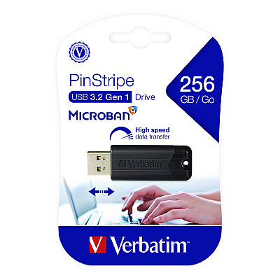 Verbatim PinStripe USB 3.2 Flash Drive, 256 GB, Black (VER49320)