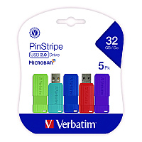 Verbatim PinStripe USB 3.2 Flash Drive, 32 GB, Assorted Colors, 5/Pack (VER70055)