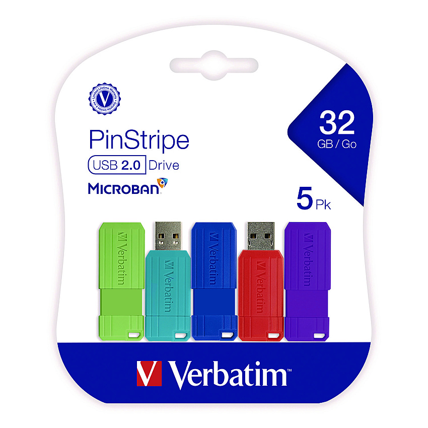 Verbatim PinStripe USB 3.2 Flash Drive, 32 GB, Assorted Colors, 5/Pack (VER70055)