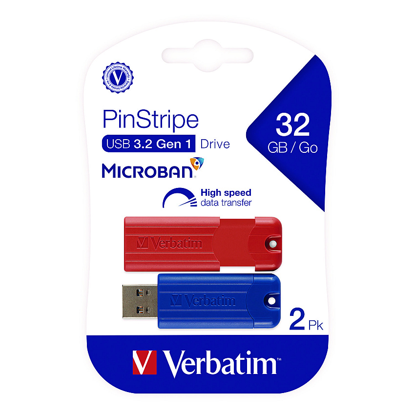 Verbatim PinStripe USB 3.2 Flash Drive, 32 GB, Blue/Red, 2/Pack (VER70056)