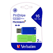 Verbatim PinStripe USB 2.0 Flash Drive, 16 GB, Blue/Green, 2/Pack (VER99149)