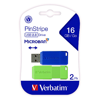 Verbatim PinStripe USB 2.0 Flash Drive, 16 GB, Blue/Green, 2/Pack (VER99149)