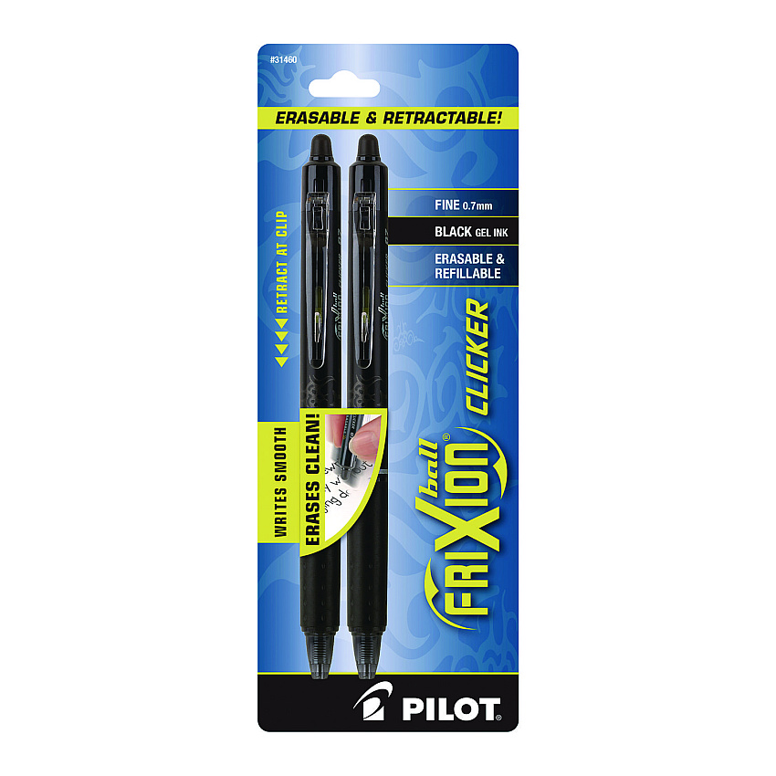 Pilot FriXion Ball Clicker Erasable Gel Pen, Retractable, Fine 0.7 mm, Black Ink and Barrel, 2/Pack (PIL31460)