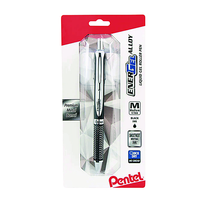 Pentel EnerGel Alloy RT Gel Pen, Retractable, Medium 0.7 mm, Black Ink, Black/Aluminum Barrel (PENBL407ABPA)