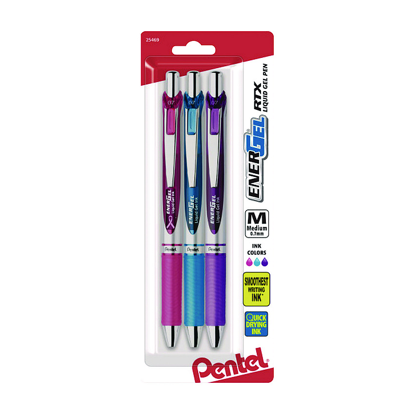 Pentel EnerGel RTX Gel Pen, Retractable, Medium 0.7 mm, Assorted Pastel Ink and Barrel Colors, 3/Pack (PENBL77BP3M1)