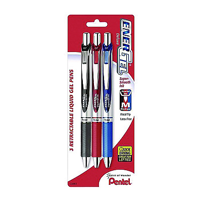 Pentel EnerGel RTX Deluxe Gel Pen, Retractable, Medium 0.7 mm, Assorted Ink and Barrel Colors, 3/Pack (PENBL77BP3M)