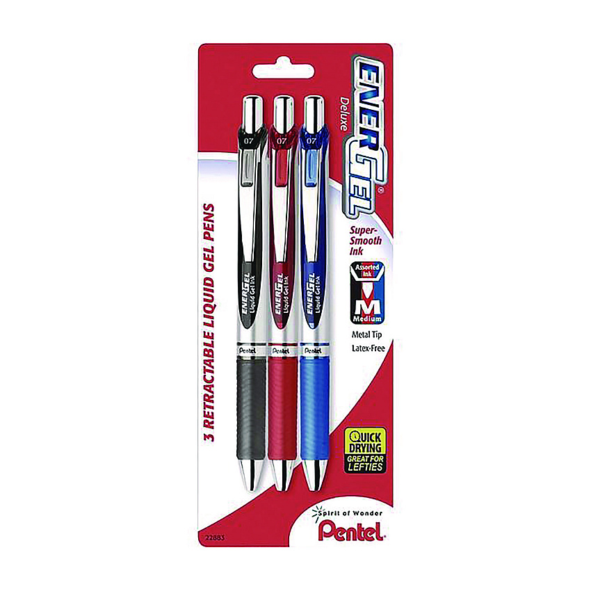 Pentel EnerGel RTX Deluxe Gel Pen, Retractable, Medium 0.7 mm, Assorted Ink and Barrel Colors, 3/Pack (PENBL77BP3M)