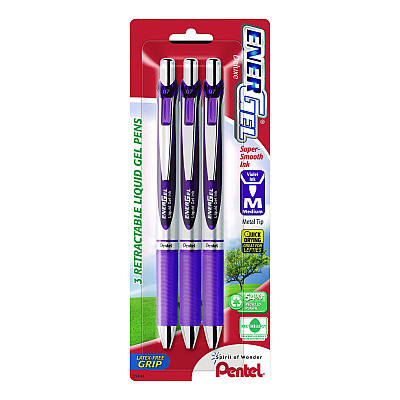 Pentel EnerGel RTX Deluxe Gel Pen, Retractable, Medium 0.7 mm, Purple Ink, Purple/Silver Barrel, 3/Pack (PENBL77BP3V)