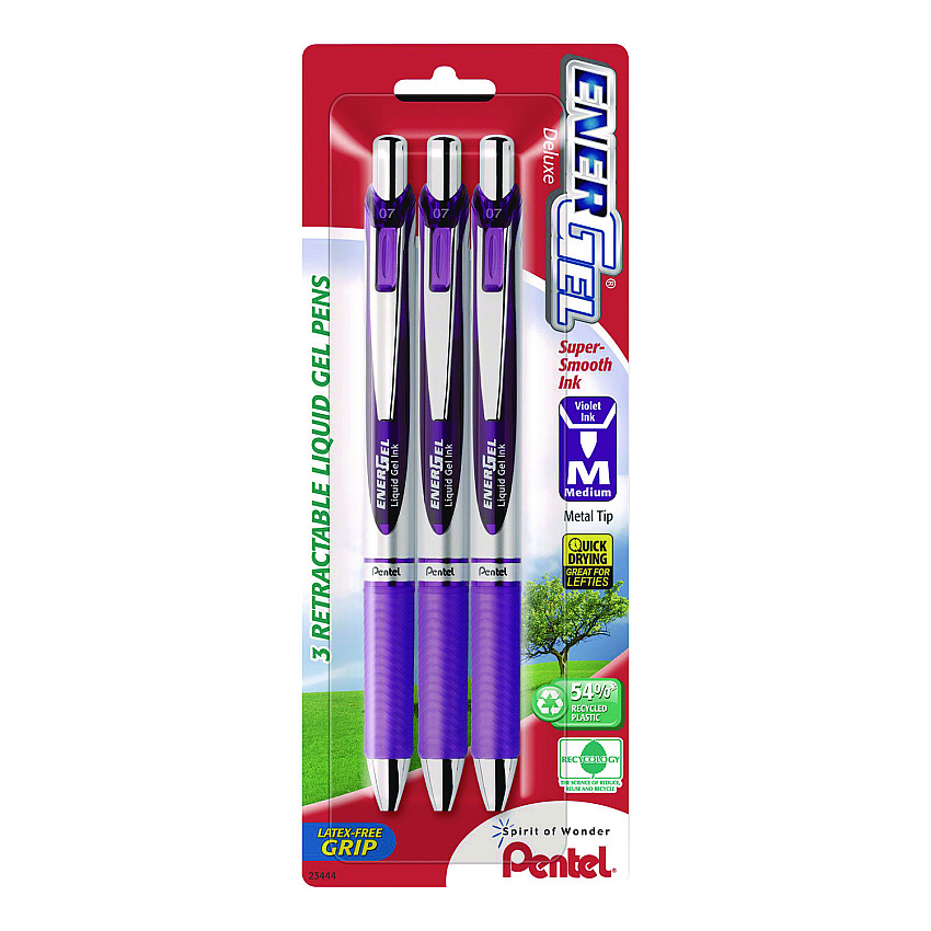 Pentel EnerGel RTX Deluxe Gel Pen, Retractable, Medium 0.7 mm, Purple Ink, Purple/Silver Barrel, 3/Pack (PENBL77BP3V)