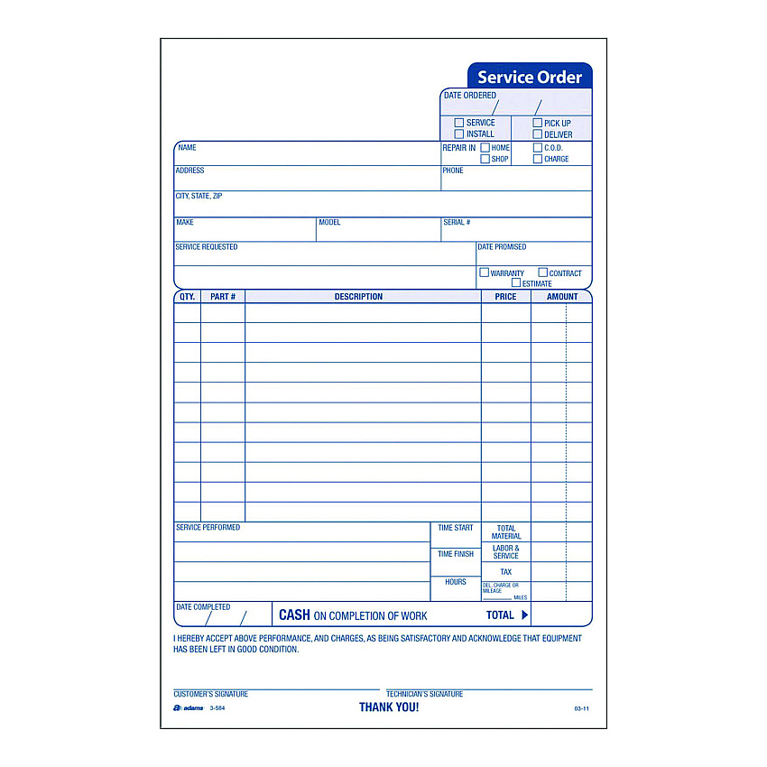 Adams Work Order Form, Three-Part Carbonless, 5.66 x 9, 250 Sets/Pack (ABF3584)