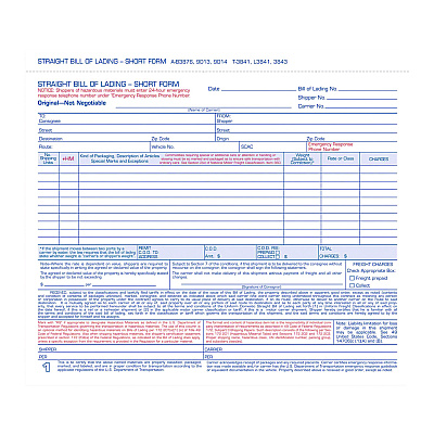 Adams Bill of Lading - Short Form for Up to Ten Articles, Three-Part Carbonless, 8.5 x 6.94, 50 Forms Total (ABF9013)