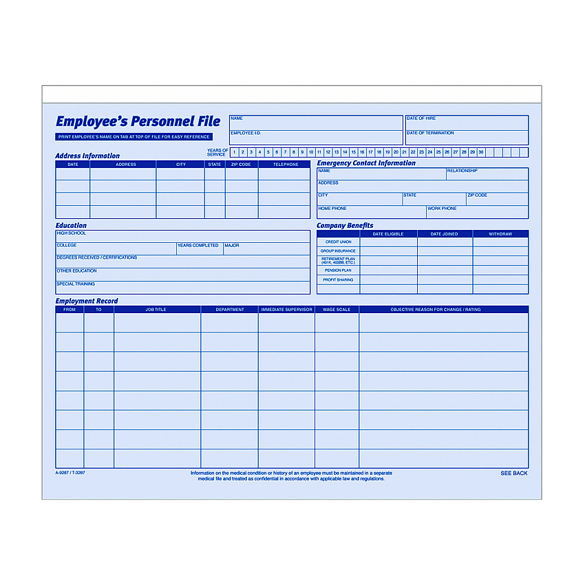 Adams Employee Personnel File Jacket, Unpunched, Straight Tab, Letter Size, Blue, 20/Pack (ABF9287)