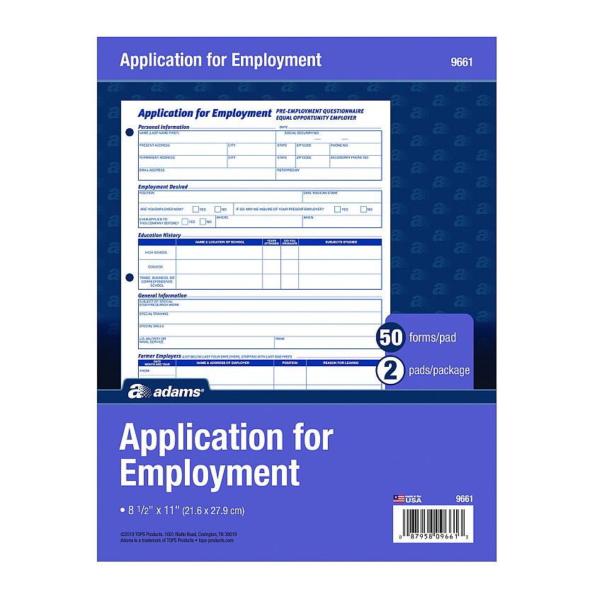 Adams Employment Applications, One-Part (No Copies), 11 x 8.38, 50 Forms/Pad, 2 Pads/Pack (ABF9661)