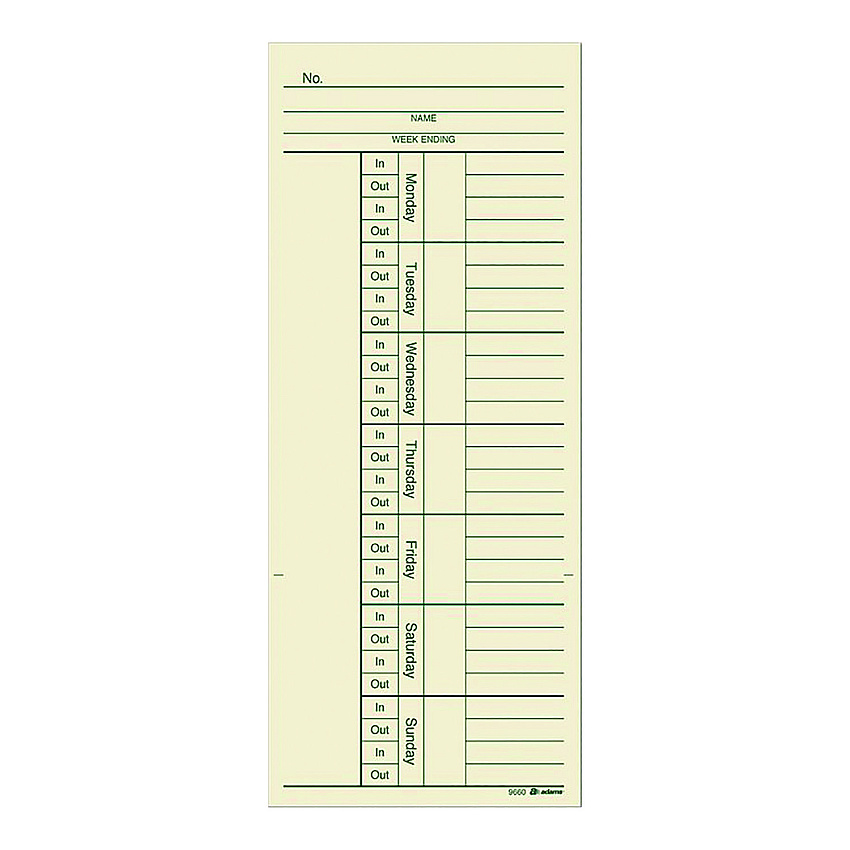 Adams Time Cards for Acroprint, Amano and Lathem Time Clocks, Two Sides, 3.4" x 8.25", 200/Pack (ABF9660200)