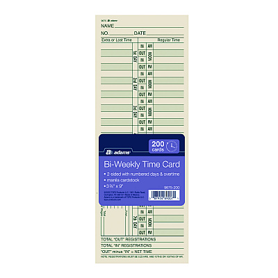 Adams Time Cards for Acroprint, Amano and Lathem Time Clocks, Two Sides, Bi-Weekly, 3.38" x 9", 200/Pack (ABF9675200)