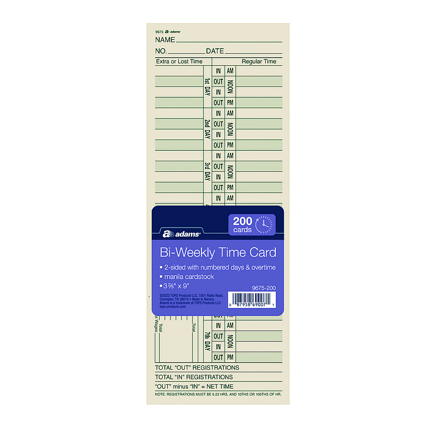 Adams Time Cards for Acroprint, Amano and Lathem Time Clocks, Two Sides, Bi-Weekly, 3.38" x 9", 200/Pack (ABF9675200)