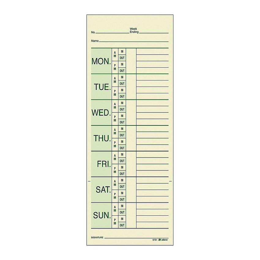 Adams Time Cards for Pyramid 1000 Time Clock, Two Sides, 3.38" x 9", 200/Pack (ABF9791200)