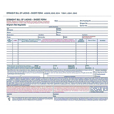 Adams Bill of Lading - Short Form for Up to Ten Articles, Three-Part Carbonless, 8.5 x 6.94, 250 Forms Total (ABFB3876)