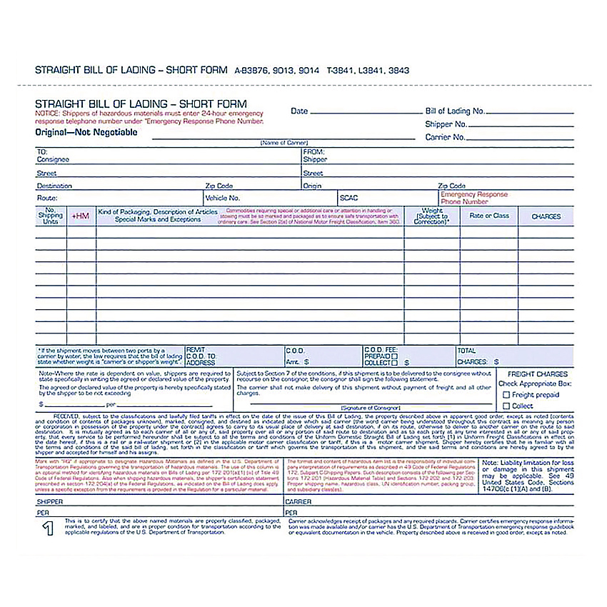 Adams Bill of Lading - Short Form for Up to Ten Articles, Three-Part Carbonless, 8.5 x 6.94, 250 Forms Total (ABFB3876)
