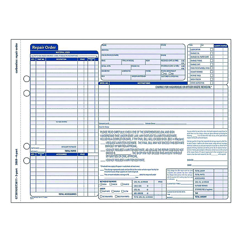 Adams Multipart Auto Repair Work Order Forms with Checklist for Routine Jobs, Three-Part Carbonless, 10.94 x 8.5, 50 Forms Total (ABFGT3810)