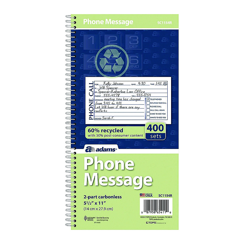 Adams Wirebound Telephone Message Book, Two-Part Carbonless, 4.75 x 2.75, 4 Forms/Sheet, 400 Forms Total (ABFSC1154R)