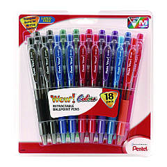 Pentel WOW! Ballpoint Pen, Retractable, Medium 1 mm, Assorted Ink and Barrel Colors, 18/Pack (PENBK440BP18M)