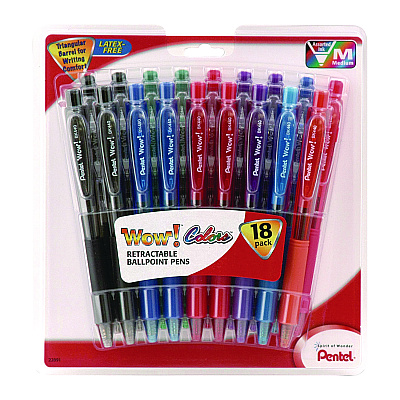 Pentel WOW! Ballpoint Pen, Retractable, Medium 1 mm, Assorted Ink and Barrel Colors, 18/Pack (PENBK440BP18M)